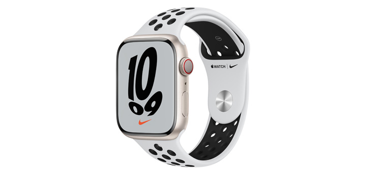Apple Watch Nike Series 7 45mm スターライトアルミニウムケースとピュアプラチナム／ブラックNikeスポーツバンド