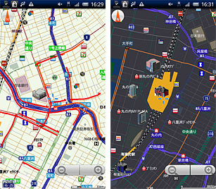 VICS交通渋滞情報、地図モードの画面