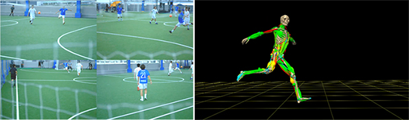＜図4＞取得したモーションデータから、選手の筋活動をシミュレーションしている様子。