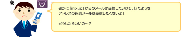 お客様「確かに「mixi.jp」からのメールは受信しだいけど、似たようなアドレスの迷惑メールは受信したくないよ！　どうしたらいいの〜？」